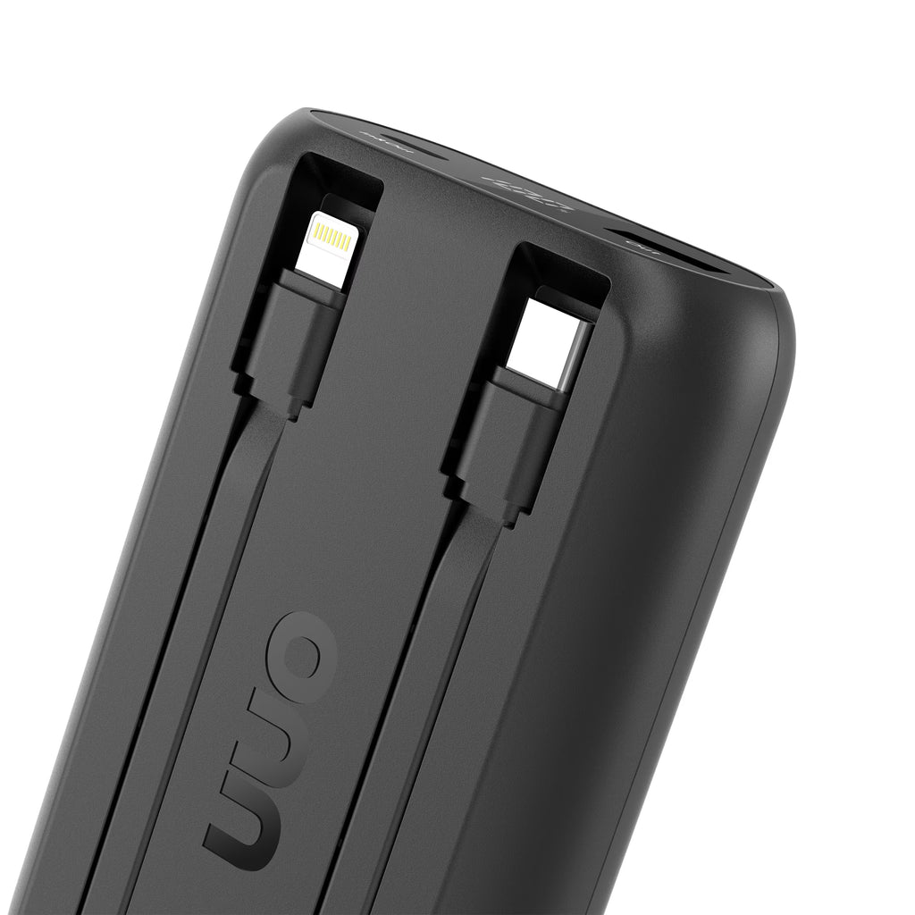 10,000 Mah Portable Powerbank with Built-In USB-C and Lighting Cables, Fast Charge, LED Readout, MFI Certified, Black