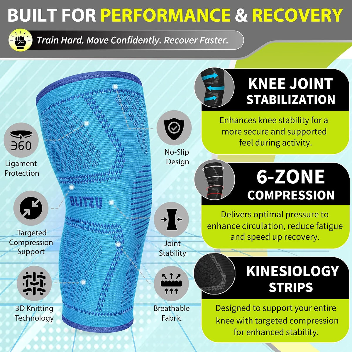 Knee Brace Men & Women, Knee Compression Sleeve Support Wrap Tendonitis L