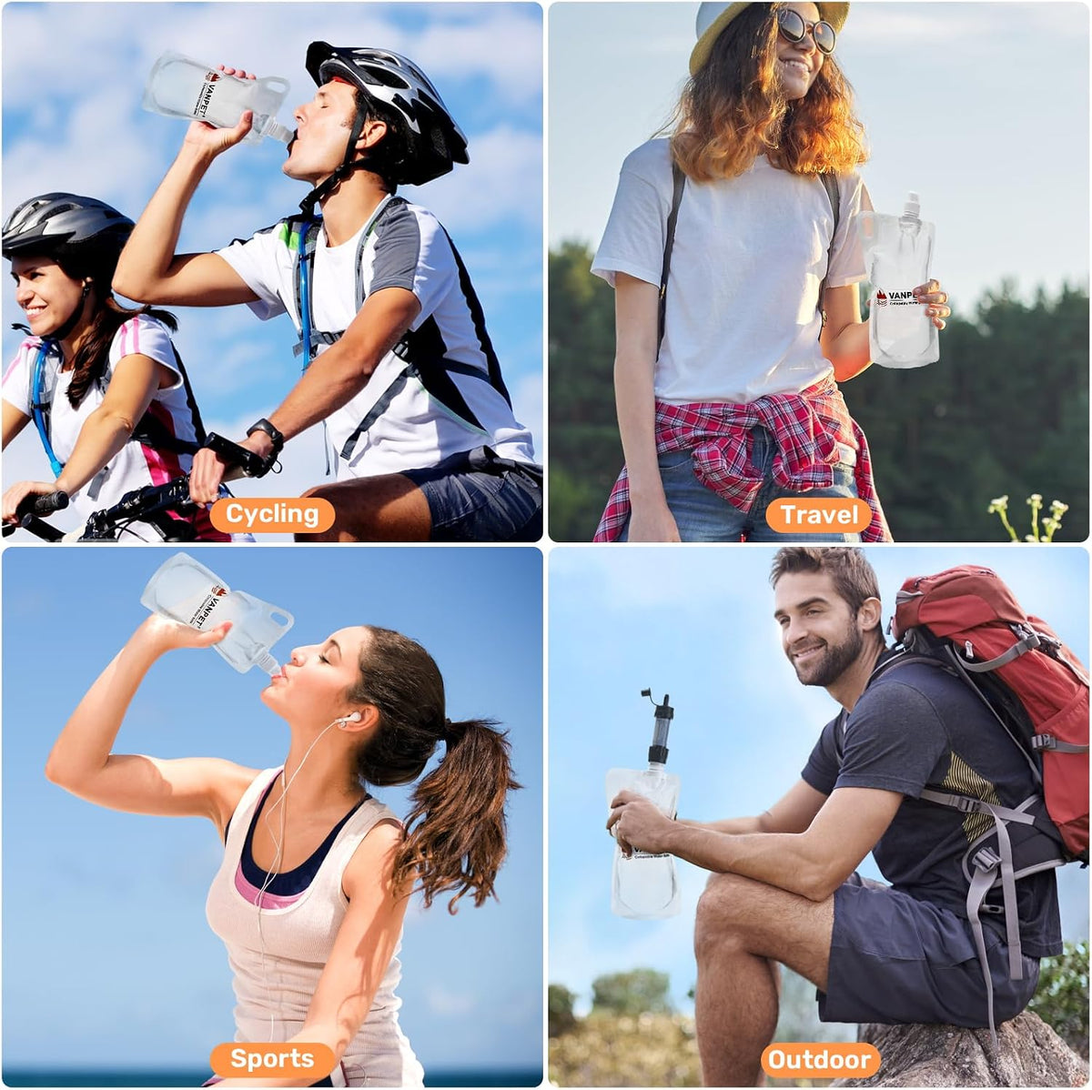 1L Hiking Collapsible Water Bottles, 33OZ Bpa-Free Plastic Flasks, Reusable Drink Bags, Foldable Backpacking Water Bottle for Travel Camping Hiking (2-Pack)