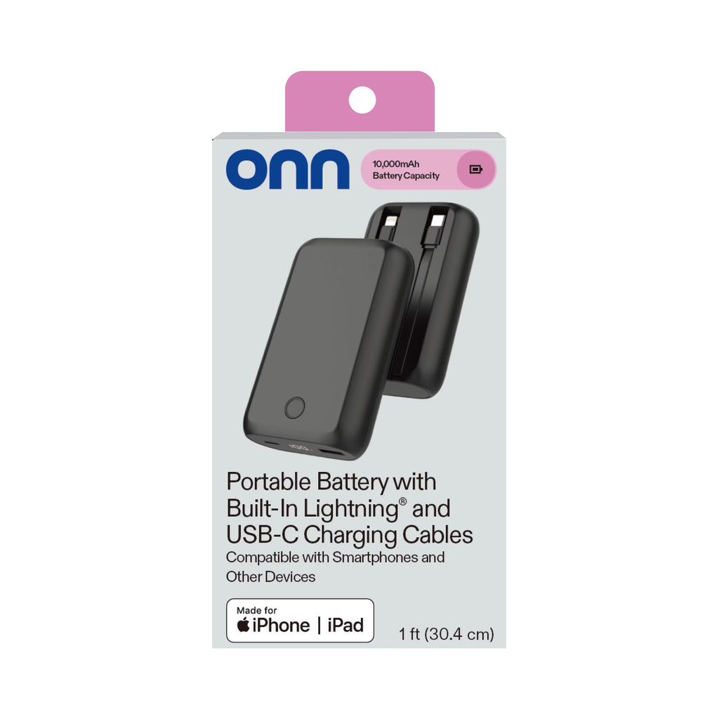 10,000 Mah Portable Powerbank with Built-In USB-C and Lighting Cables, Fast Charge, LED Readout, MFI Certified, Black