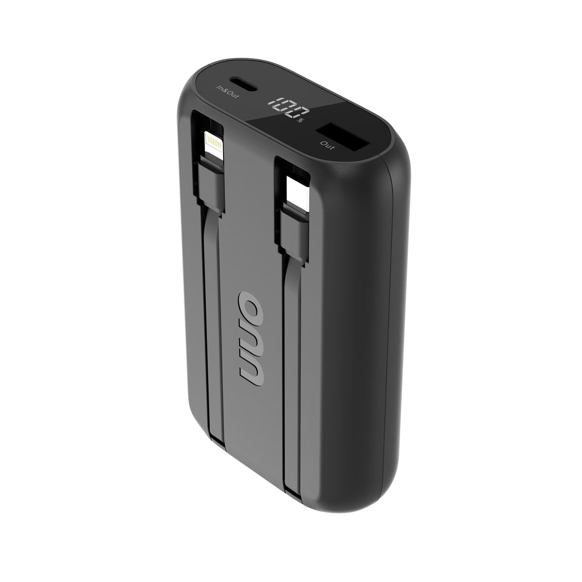 10,000 Mah Portable Powerbank with Built-In USB-C and Lighting Cables, Fast Charge, LED Readout, MFI Certified, Black