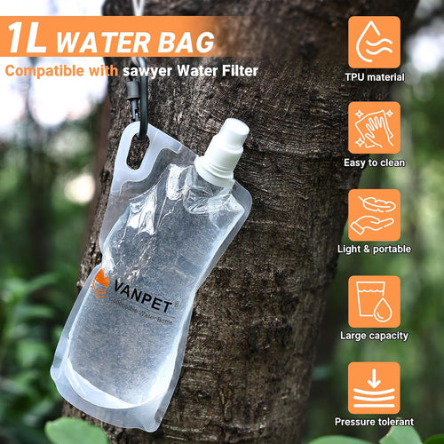 1L Hiking Collapsible Water Bottles, 33OZ Bpa-Free Plastic Flasks, Reusable Drink Bags, Foldable Backpacking Water Bottle for Travel Camping Hiking (2-Pack)
